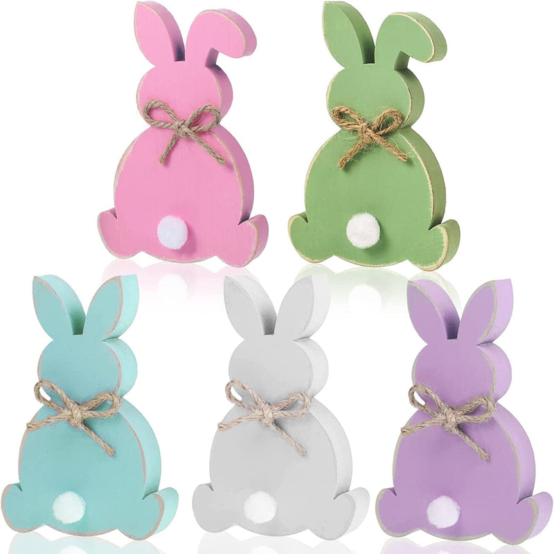5 Pcs Easter Bunny Wooden Signs Bunny Decor Easter Tabletop Decor Rabbit Shape Table Sign with Jute Rope and Hairball Tail Freestanding Easter Table Decorations for Party (Purple, Pink, Blue, Green) Home & Garden > Decor > Seasonal & Holiday Decorations Thinkday Purple, Pink, Blue, Green  