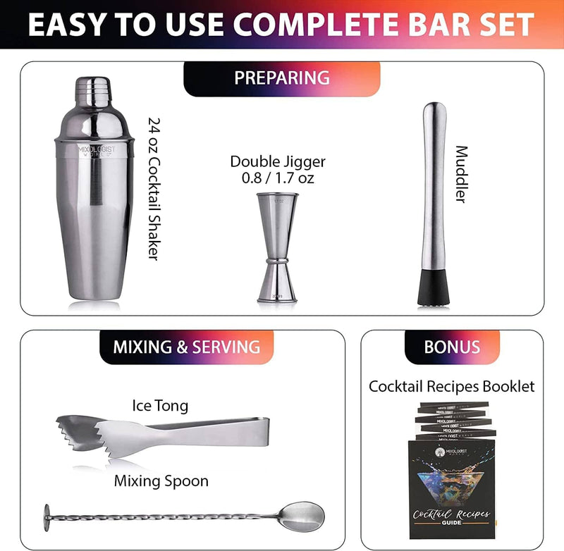 5 Pcs Mixology Bartender Kit - Cocktail Shaker Set with Recipes for Martini Mimosa - Home Bar Tool Kit & Accessories - Bar Accessories Shakers Bartending Drink Mixer Home & Garden > Kitchen & Dining > Barware Mixologist World   