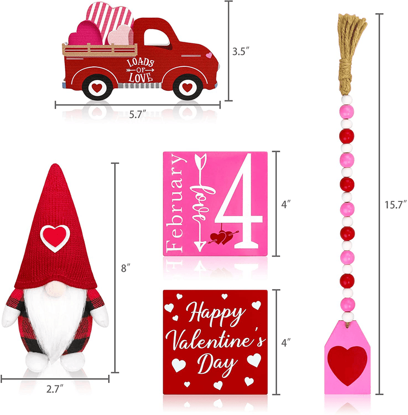 5 PCS Valentine'S Day Gnome Tiered Tray Decor (Tray Not Included) - Gnome Plush, Valentine'S Day Mini Wood Sign, Wooden Bead Garland - Valentine'S Day Tiered Tray Decorations Set for Home Kitchen