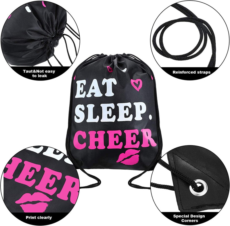 5 Pieces Cheerleading Drawstring Gym Bag Cheer Black Drawstring Bag Eat Sleep Cheer Drawstring Bag for Youth Sports Gift, 13.4 X 16.9 Inch