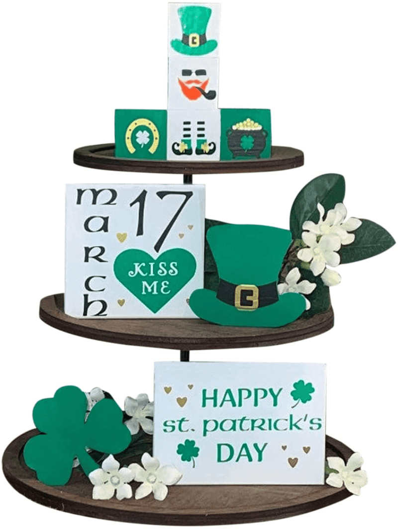 5 Pieces Tiered Tray Decor Farmhouse Tiered Tray Items Mini Rustic Farm Decorations Wooden Signs for Valentine'S Day Easter St. Patrick'S Day Summer Saint Ceremony (Shamrock Style)