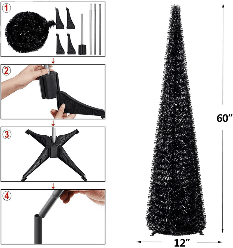5' Pop Up Black Halloween Christmas Thin Tree Collapsible with Easy-Assembly Stand for Xmas Halloween Holiday Home, Office, Classroom Party Display