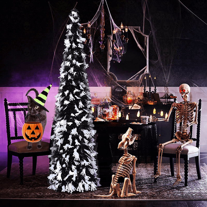 5' Pop Up Halloween Christmas Thin Tree Collapsible with Easy-Assembly Stand for Xmas Halloween Holiday Home, Office, Classroom Party Display. Black Tinsel Trees with Ghost Sequins