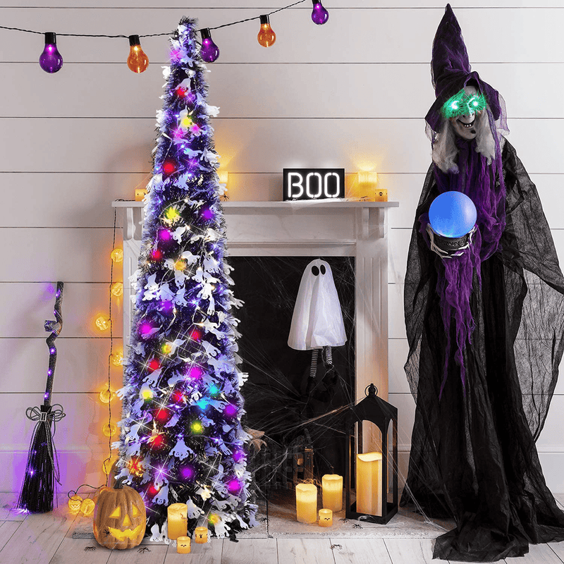 5' Pop Up Halloween Christmas Thin Tree Collapsible with Easy-Assembly Stand for Xmas Halloween Holiday Home, Office, Classroom Party Display. Black Tinsel Trees with Ghost Sequins Home & Garden > Decor > Seasonal & Holiday Decorations > Christmas Tree Stands milekeer   