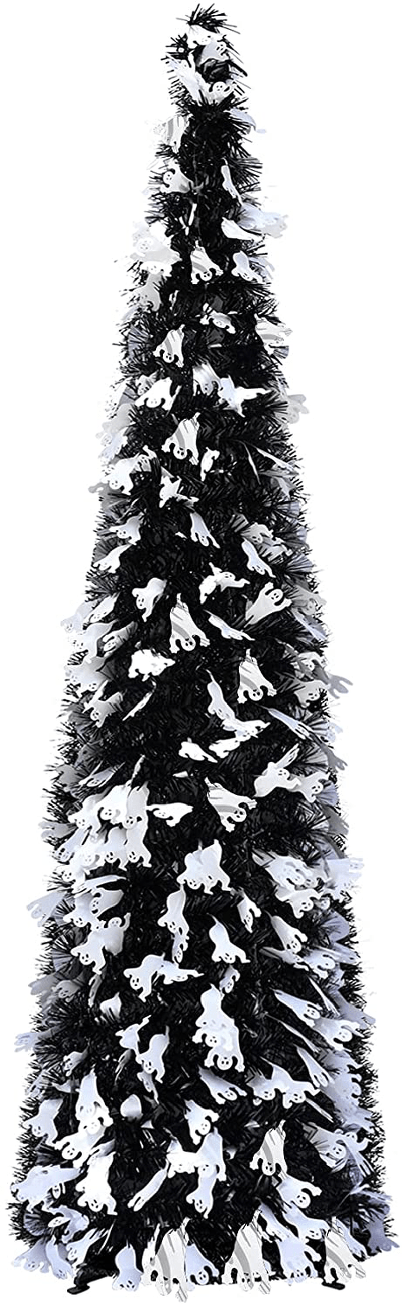 5' Pop Up Halloween Christmas Thin Tree Collapsible with Easy-Assembly Stand for Xmas Halloween Holiday Home, Office, Classroom Party Display. Black Tinsel Trees with Ghost Sequins