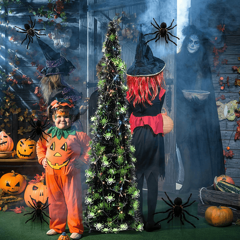 5' Pop Up Halloween Christmas Thin Tree Collapsible with Easy-Assembly Stand for Xmas Halloween Holiday Home, Office, Classroom Party Display. Black Tinsel Trees with Green Spider Sequins