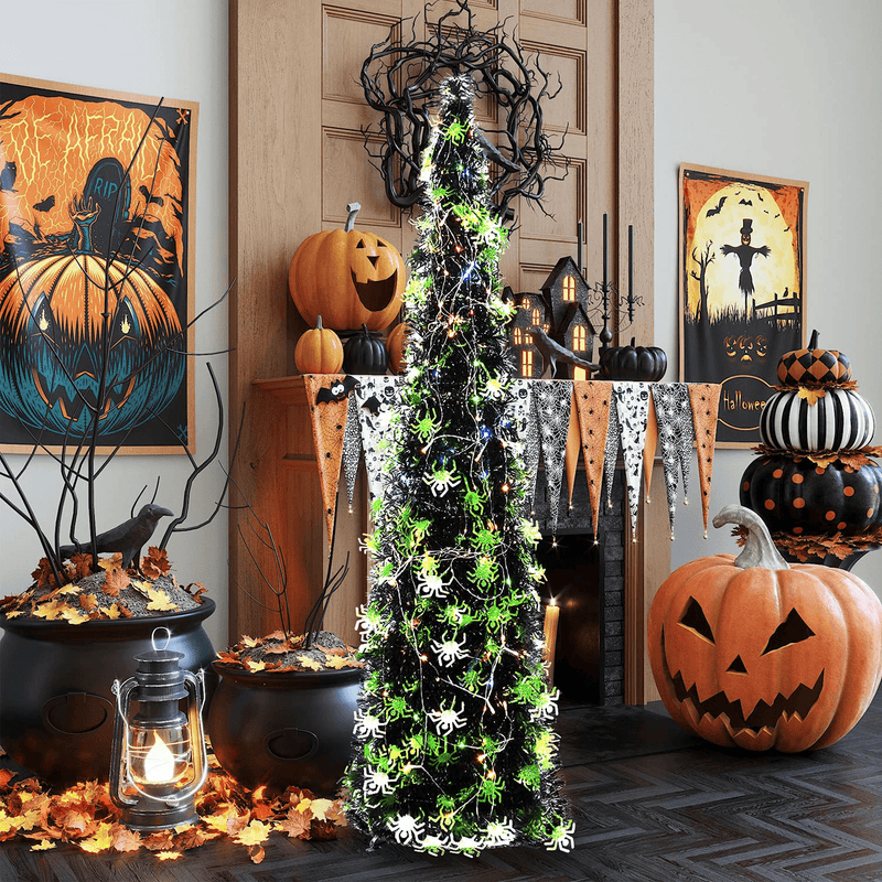5' Pop Up Halloween Christmas Thin Tree Collapsible with Easy-Assembly Stand for Xmas Halloween Holiday Home, Office, Classroom Party Display. Black Tinsel Trees with Green Spider Sequins