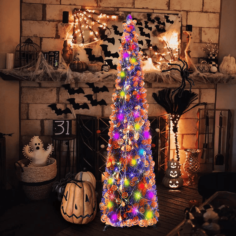 5' Pop Up Halloween Christmas Tinsel Tree Collapsible with Easy-Assembly Stand for Xmas Halloween Holiday Home, Office, Classroom Party Display. Purple Tinsel Trees w/Pumpkin Sequins Home & Garden > Decor > Seasonal & Holiday Decorations > Christmas Tree Stands milekeer   