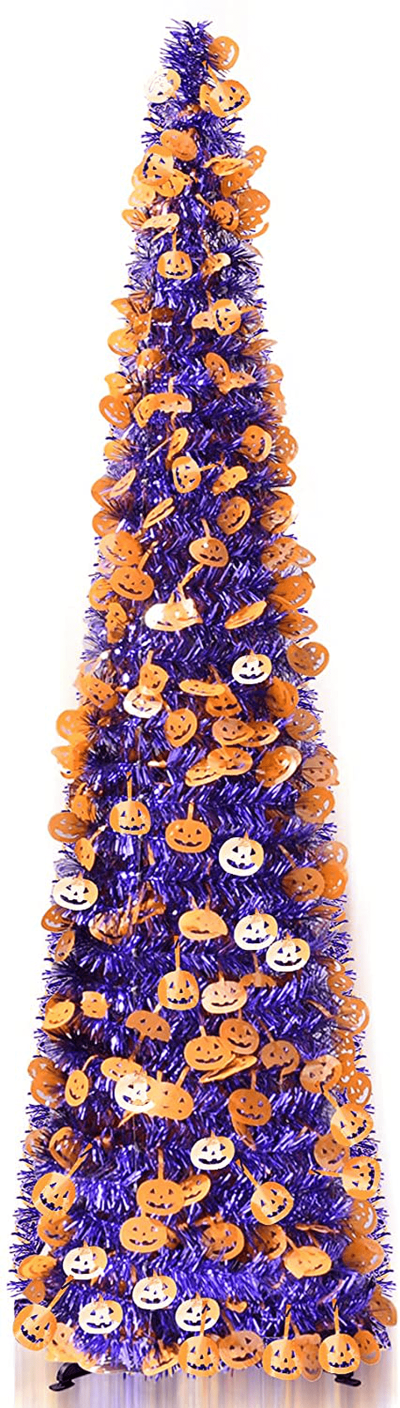 5' Pop Up Halloween Christmas Tinsel Tree Collapsible with Easy-Assembly Stand for Xmas Halloween Holiday Home, Office, Classroom Party Display. Purple Tinsel Trees w/Pumpkin Sequins Home & Garden > Decor > Seasonal & Holiday Decorations > Christmas Tree Stands milekeer Default Title  
