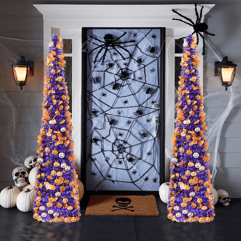 5' Pop Up Halloween Christmas Tinsel Tree Collapsible with Easy-Assembly Stand for Xmas Halloween Holiday Home, Office, Classroom Party Display. Purple Tinsel Trees w/Pumpkin Sequins Home & Garden > Decor > Seasonal & Holiday Decorations > Christmas Tree Stands milekeer   