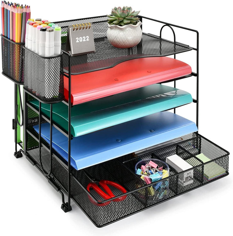 5 Tier Office Desk Organizer, Paper Letter Tray Organizer, Desktop File Organizer with Extra Drawer and 2 Pen Holders, Mesh Office Supplies Desk Organizer for Home Office