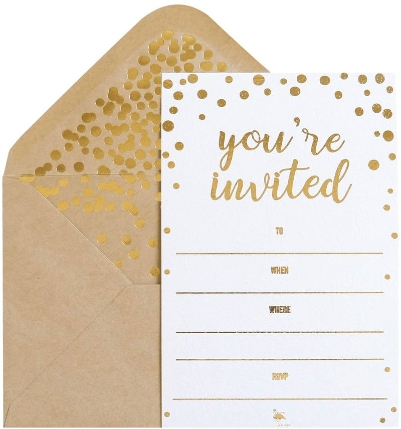50 Pack Invitation Card - Elegant Greeting Cards ‘’You are Invited’’ in Gold Foil Letters – for Wedding, Bridal Shower, Baby Shower, Birthday Invitations - 52 Kraft Envelopes Included - 4" x 6"