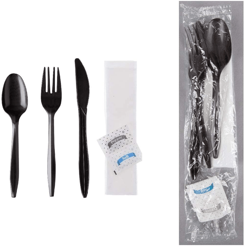 500 Plastic Cutlery Packets - Knife Fork Spoon Napkin Salt Pepper Sets | Black Plastic Silverware Sets Individually Wrapped Cutlery Kits, Bulk Plastic Utensil Cutlery Set Disposable To Go Silverware Home & Garden > Kitchen & Dining > Tableware > Flatware > Flatware Sets HOUZZKINGZ USA 250 Pack  