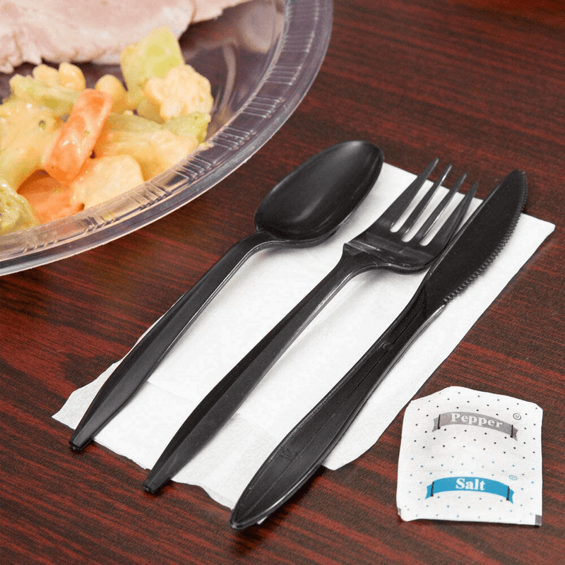 500 Plastic Cutlery Packets - Knife Fork Spoon Napkin Salt Pepper Sets | Black Plastic Silverware Sets Individually Wrapped Cutlery Kits, Bulk Plastic Utensil Cutlery Set Disposable To Go Silverware Home & Garden > Kitchen & Dining > Tableware > Flatware > Flatware Sets HOUZZKINGZ USA   