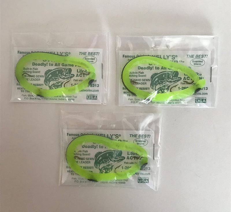 Striper Chartreuse Black Striped Kellys Worms for Bass 3 Pack Bundle Rigged Lures Bass Fishing Anise Scented Licorice Smelling Bait Sporting Goods > Outdoor Recreation > Fishing > Fishing Tackle > Fishing Baits & Lures Kelly's   