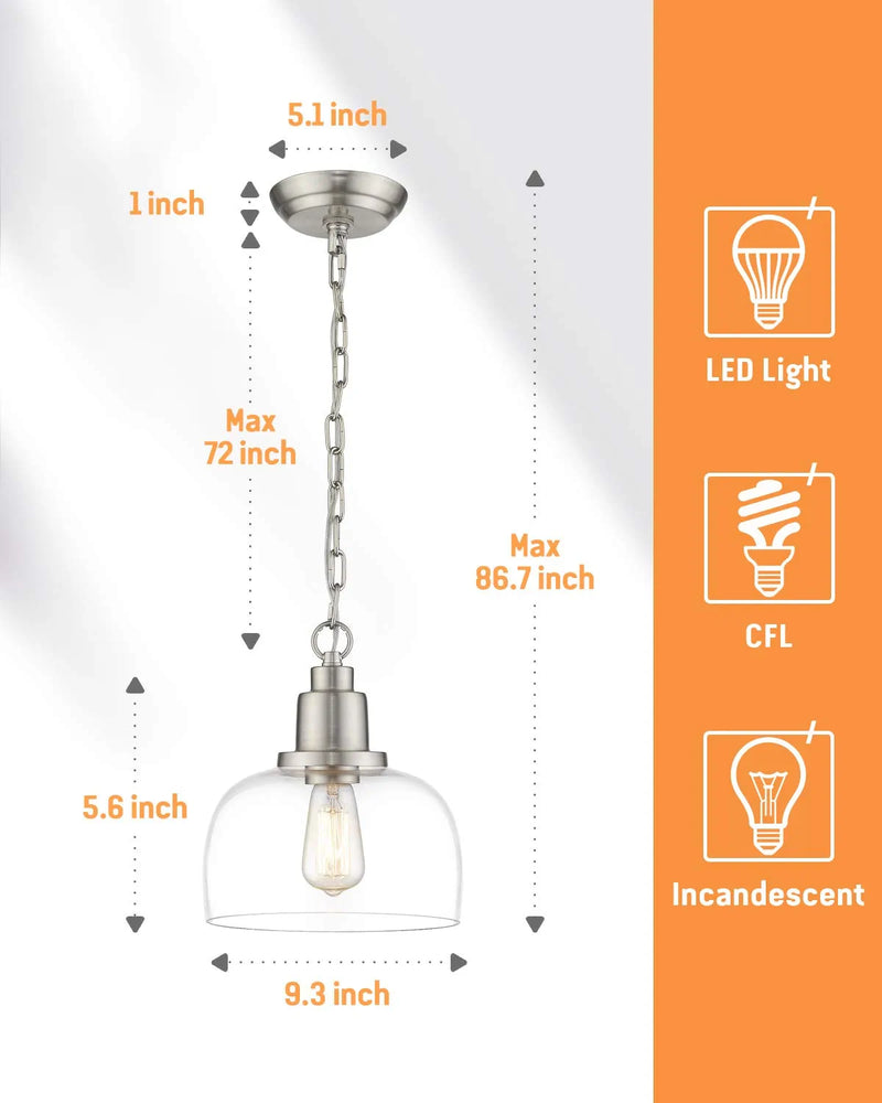 EAPUDUN Modern Farmhouse Pendant Light, 1-Light Industrial Hanging Light Fixture 9.3-Inch, Brushed Nickel Finish with Clear Glass Shade, PDA1127-BNK Home & Garden > Lighting > Lighting Fixtures EAPUDUN   