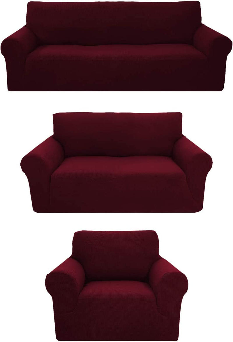 Sapphire Home 3-Piece Brushed Premium Slipcover Set for Sofa Loveseat Couch Arm Chair, Form Fit Stretch, Wrinkle Free, Furniture Protector Set for 3/2/1 Cushion, Polyester Spandex, 3Pc, Brushed, Brown Home & Garden > Decor > Chair & Sofa Cushions Sapphire Home Burgundy 3pc set (Sofa, Love, Chair) 