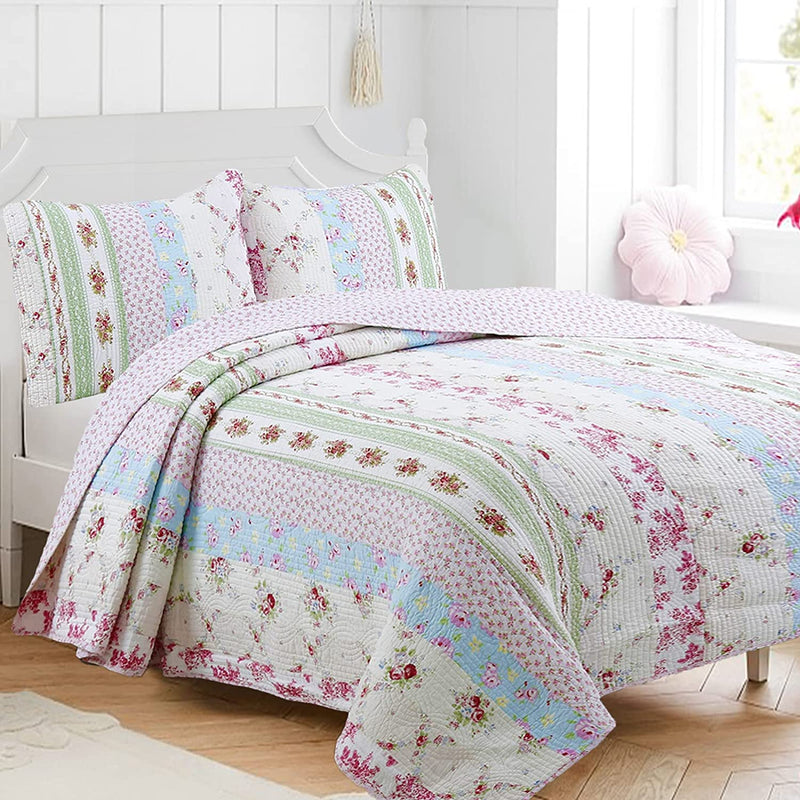 Cozy Line Home Fashions Pink Red Floral 100% Cotton Reversible Quilt Bedding Set, Coverlet Bedspread (Fuchsia Flowers, King - 3 Piece) Home & Garden > Linens & Bedding > Bedding Cozy Line Home Fashions Wild Rose Twin 