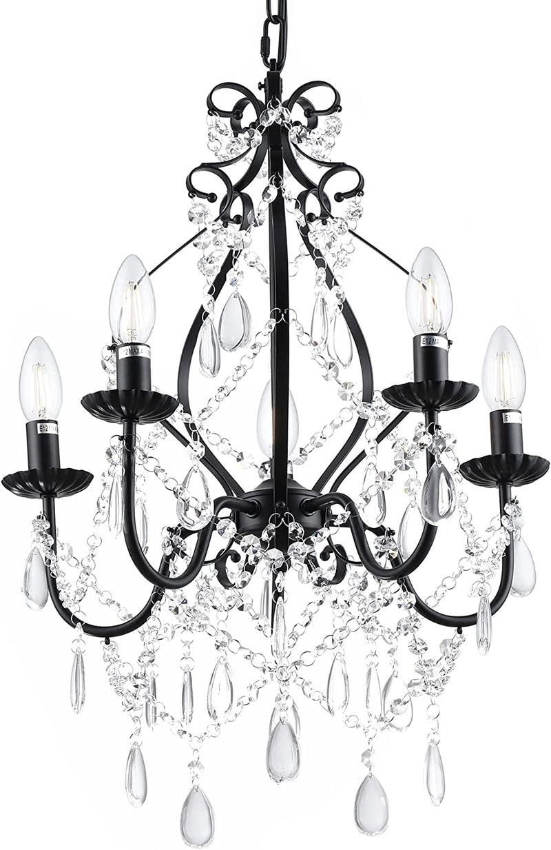 Riomasee Mini Crystal Chandelier 5 Lights Black Chandelier with K9 Crystal Raindrop Iron Ceiling Light Fixtures for Bedroom,Dining,Living Room,Kitchen Lighting Home & Garden > Lighting > Lighting Fixtures > Chandeliers riomasee Black  