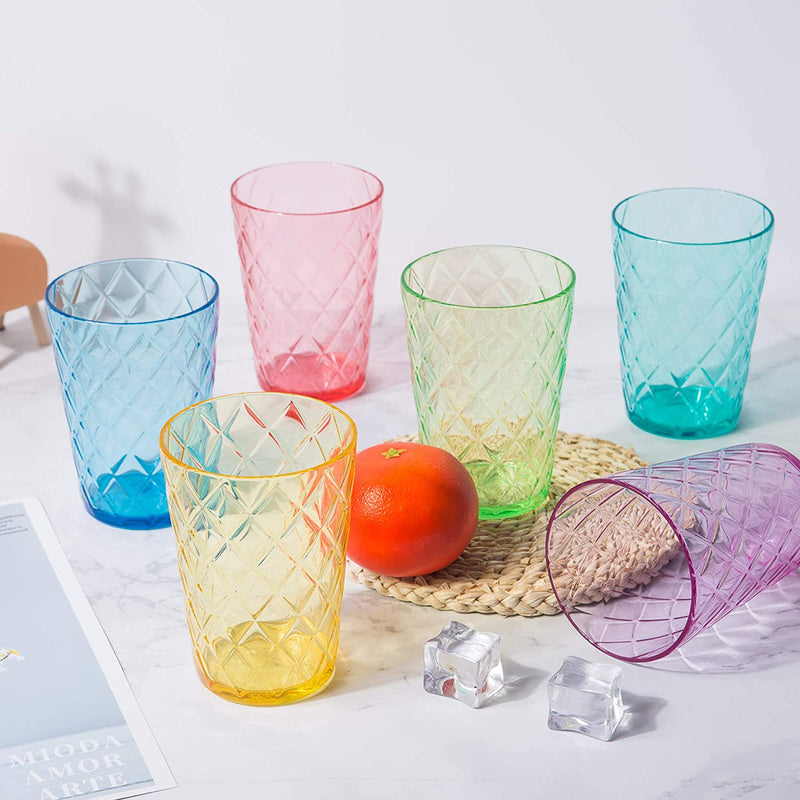 Mixed Drinkware Sets, 15-Ounce and 21-Ounce Acrylic Glasses Plastic Tumbler with Rhombus Design, Set of 12 Multicolor