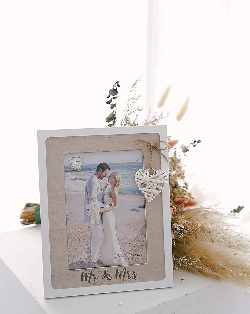 Mr & Mrs 5X7 Picture Frame by Chosen One – Rustic White Picture Frames with Heart Accent – Bridal Shower Gifts, Engagement Frame and Wedding Gifts for the Couple – Beach Style Wooden Picture Frame Home & Garden > Decor > Picture Frames Chosen One Loved & Gifted   