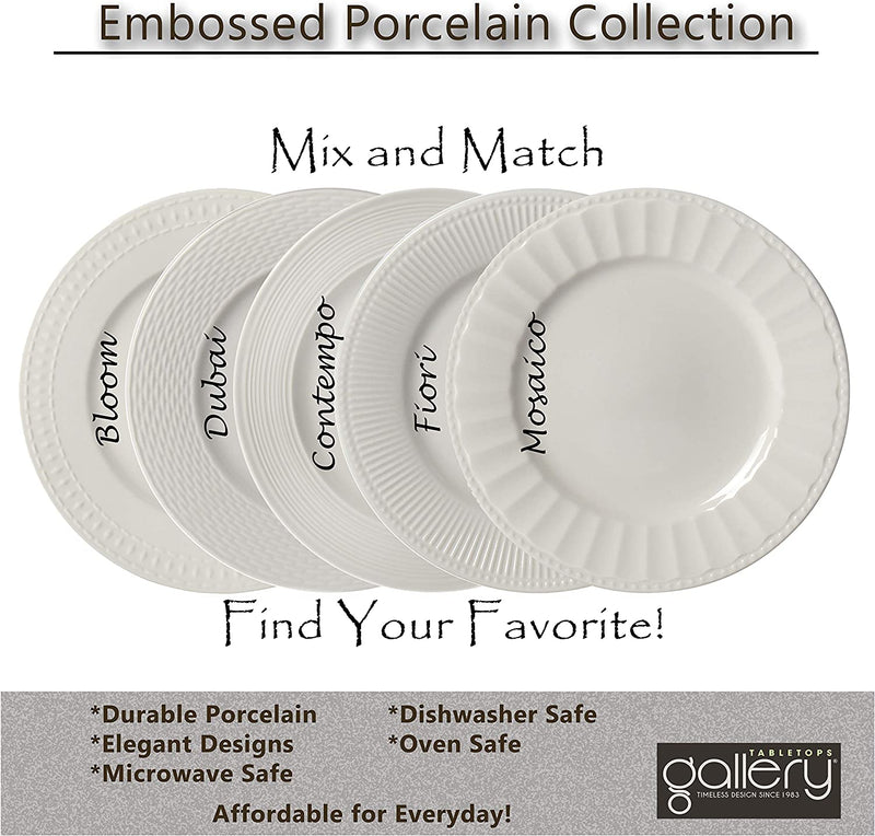 Tabletops Gallery Embossed Bone White Porcelain round Dinnerware Collection- Chip Resistant Scratch Resistant, Bloom 12 Piece Dinnerware Set (Dinner Plate, Salad Plate, Cereal Bowl)