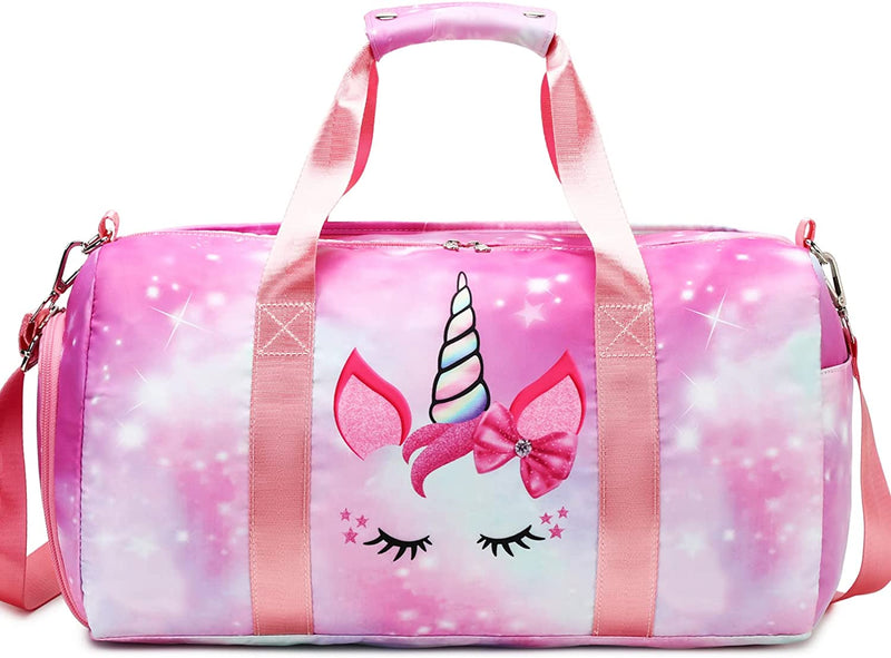 Girls Dance Duffle Bag，Gymnastics Sports Bag for Girls, Kids Small Overnight Weekender Carry on Travel Bag with Shoe Compartment and Wet Pocket Panda Home & Garden > Household Supplies > Storage & Organization Octsky 02-Pink Unicorn  