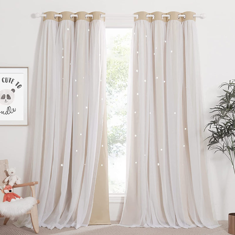 NICETOWN Nursery Curtains for Kids, Farmhouse Blackout Curtain Panels for Bedroom, Double Layer Star Hollow-Out Grommet Aesthetic Living Room Toddler Window Curtains, 2 Pcs, W52 X L84, Biscotti Beige Home & Garden > Decor > Window Treatments > Curtains & Drapes NICETOWN Biscotti Beige W52 x L84 