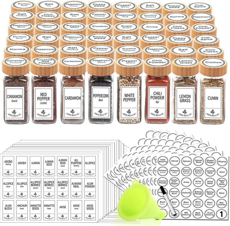 SWOMMOLY 48 Glass Spice Jars with 806 White Spice Labels, Chalk Marker and Funnel Complete Set. Square Spice Bottles 4 Oz Empty Spice Containers, Airtight Cap, Pour/Sift Shaker Lid Home & Garden > Decor > Decorative Jars SWOMMOLY Bamboo Lids  