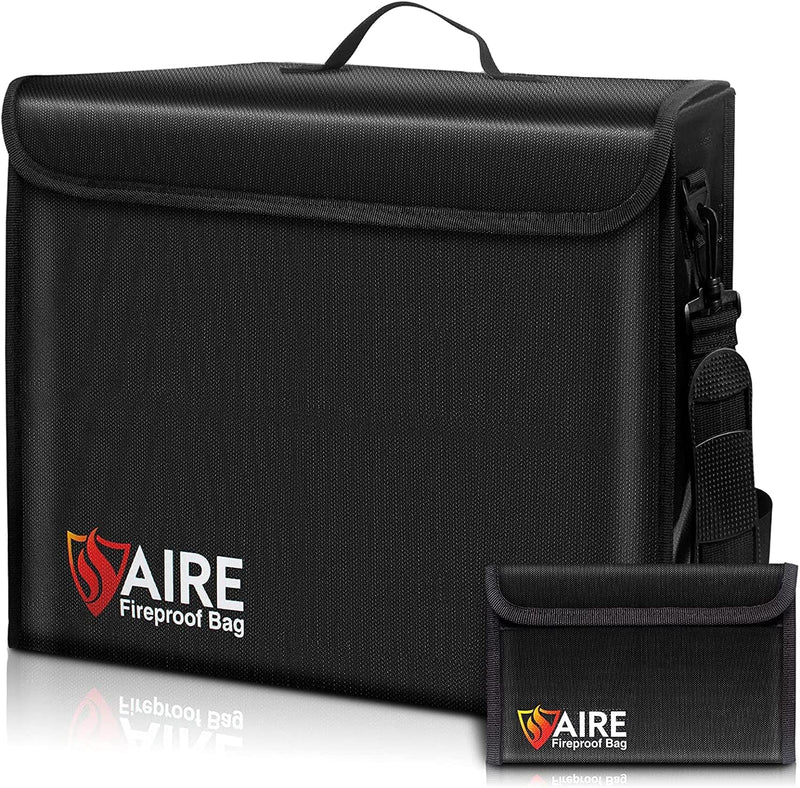 Fireproof Document Bag Set Include Large Bag(17"X12"X6") and Money Bag(5"X8"), Large Fireproof Document Box with Waterproof for Home and Office. Fireproof Safe for Valuables Storage with Lock (Black) Home & Garden > Household Supplies > Storage & Organization AIRE Black  