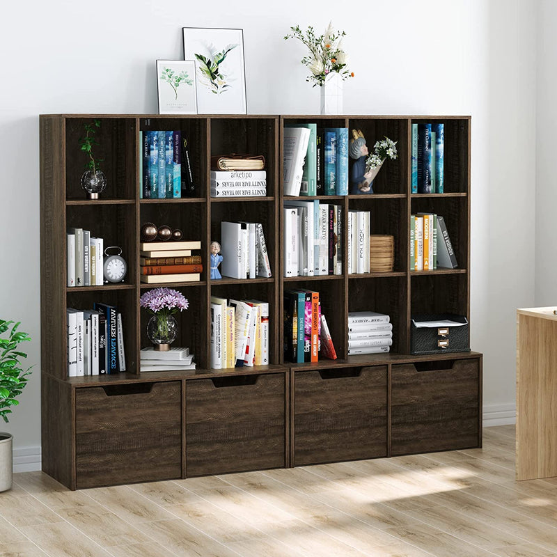 HIFIT Cube Bookshelf, 55.1" H Bookcase Storage Cabinet Wooden with 7 Compartments and 2 Large Drawers for Home Office Living Room, White 1Pcs Home & Garden > Household Supplies > Storage & Organization HIFIT Dark Brown 2 