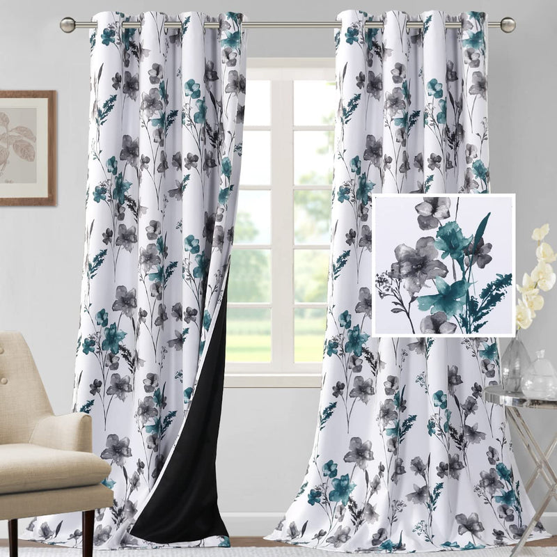 H.VERSAILTEX 100% Blackout Curtains 84 Inch Length 2 Panels Set Cattleya Floral Printed Drapes Leah Floral Thermal Curtains for Bedroom with Black Liner Sound Proof Curtains, Navy and Taupe Home & Garden > Decor > Window Treatments > Curtains & Drapes H.VERSAILTEX Grey/Teal 52"W x 108"L 