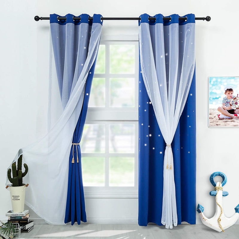 Reepow Rainbow Kids Blackout Curtains for Boys Girls Bedroom Playroom, Tulle Overlay Star Cut Out Curtains with Stainless Steel Gromment Top - 52" X 63" X 2 Panels Sporting Goods > Outdoor Recreation > Fishing > Fishing Rods Reepow Starry Bule 52×63×2 Panels 