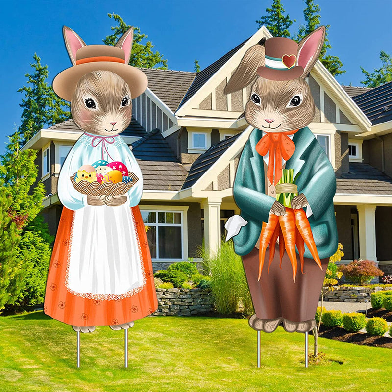 Flyowl Easter Yard Signs Decorations Outdoor Vintage Bunnies Lawn Waterproof Yard Signs with Stakes for Easter Party Spring Patio Lawn Garden Decor