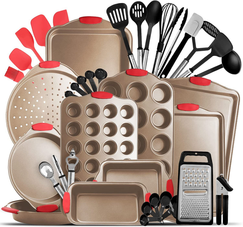 Eatex Nonstick Bakeware Sets with Baking Pans Set, 39 Piece Baking Set with Muffin Pan, Cake Pan & Cookie Sheets for Baking Nonstick Set, Steel Baking Sheets for Oven with Kitchen Utensils Set - Black Home & Garden > Kitchen & Dining > Cookware & Bakeware EatEx 39 PC - Brown & Black Utensils  