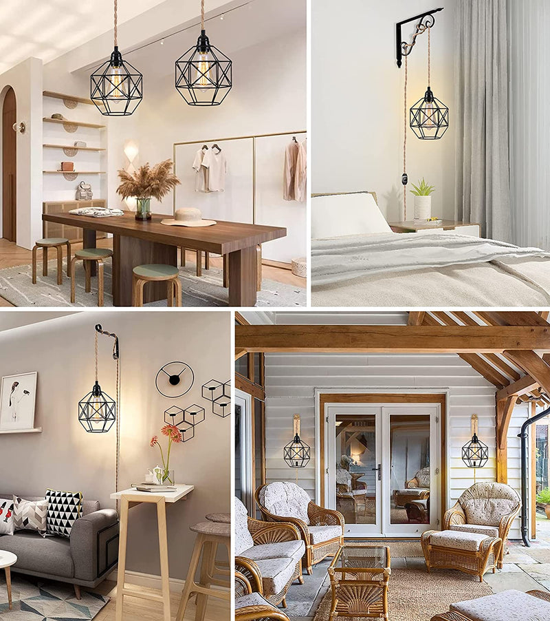 HXMLS Plug in Pendant Light Hanging Lights with Plug in Cord Ceiling Light Hemp Rope Hanging Lamp Farmhouse Cage Lampshade Lighting Fixtures with Switch for Kitchen Island Living Room Bedroom Home & Garden > Lighting > Lighting Fixtures Rowhalf   