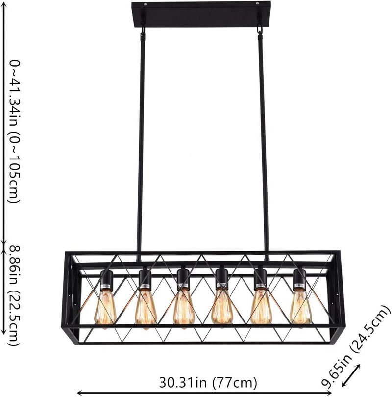 Mirrea Vintage Pendant Light Fixture 6 Lights in Rectangle Frame Shade Matte Metal Black Painted Finish Home & Garden > Lighting > Lighting Fixtures mirrea home   
