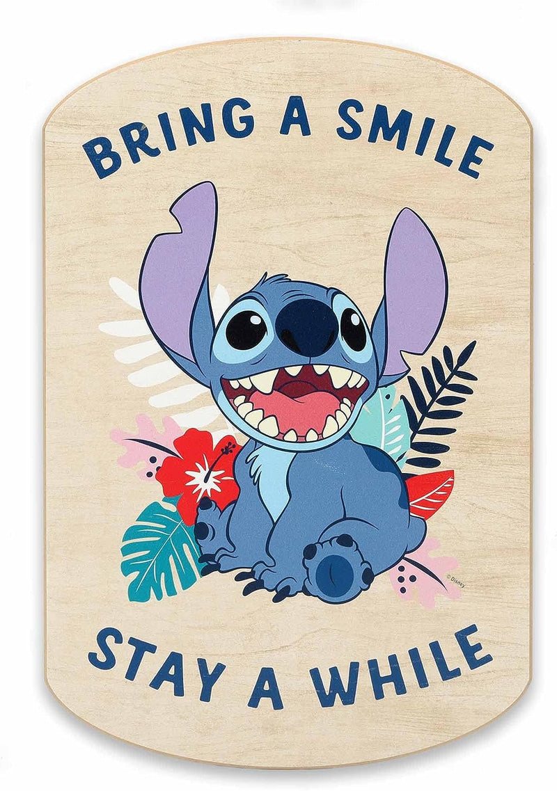 Disney Lilo and Stitch Bring a Smile Stay a While Wood Wall Decor - Fun Stitch Sign for Home Decorating  Open Road Brands   