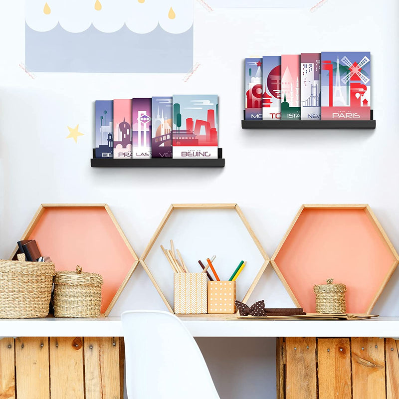 Jetec Acrylic Floating Display Shelves Clear Wall Bookshelf for Kids Acrylic Wall Display Shelves Book Shelf for Room Picture Display Storage,15 X 1.7 X 2 Inches (Black, 12 Pcs) Furniture > Shelving > Wall Shelves & Ledges Jetec   