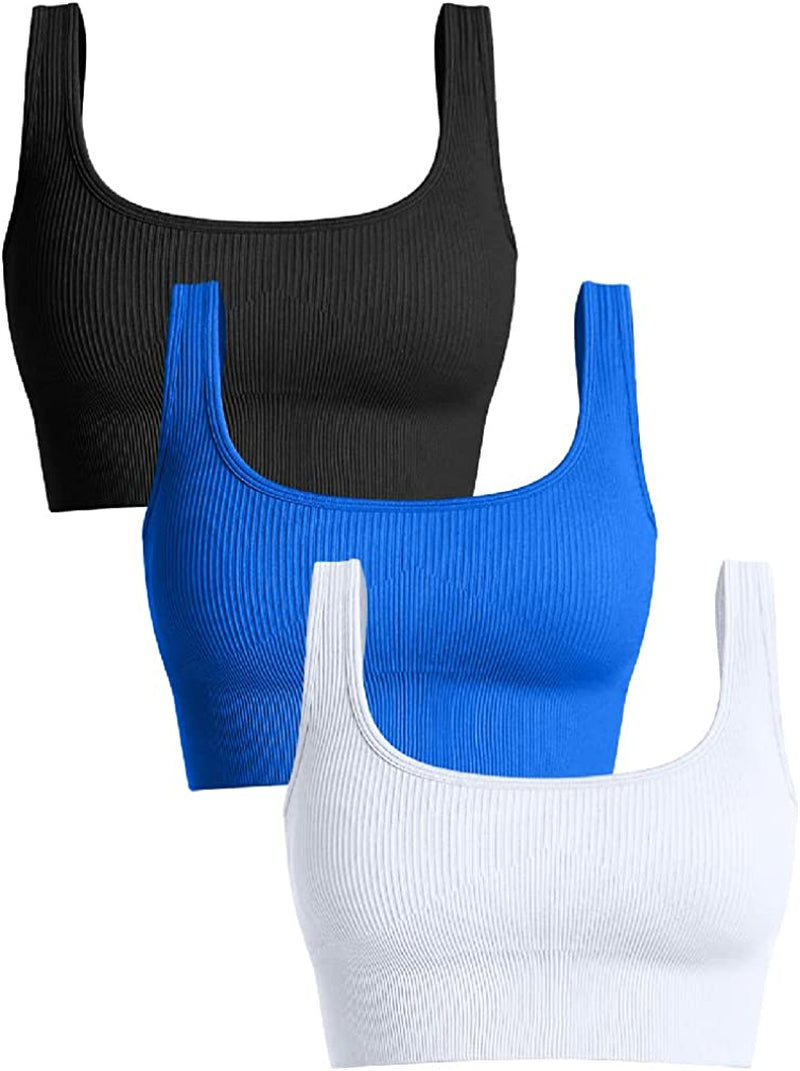 OQQ Women'S 3 Piece Medium Support Tank Top Ribbed Seamless Removable Cups Workout Exercise Sport Bra Sporting Goods > Outdoor Recreation > Winter Sports & Activities OQQ Black Blue1 White Medium 
