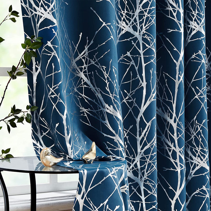 FMFUNCTEX Branch Grey Blackout Curtain Panels for Bedroom 84" Foil Gold Tree Branch Window Curtains Metallic Print Energy Efficient Thermal Curtain Drapes for Guest Living Room Grommet Top 2 Panels Home & Garden > Decor > Window Treatments > Curtains & Drapes FMFUNCTEX Silver /Navy Blue 50" x 96"L 
