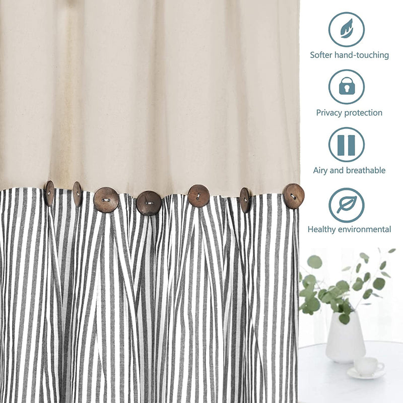 Cotton Linen Farmhouse Curtains Boho Rustic Button Curtains Natural and Dark Grey Stripe Color Block Curtain Rod Pocket & Back Tab Window Drapes for Bedroom Living Room(52 X 84 Inch, 2 Panels) Home & Garden > Decor > Window Treatments > Curtains & Drapes BLEUM CADE   