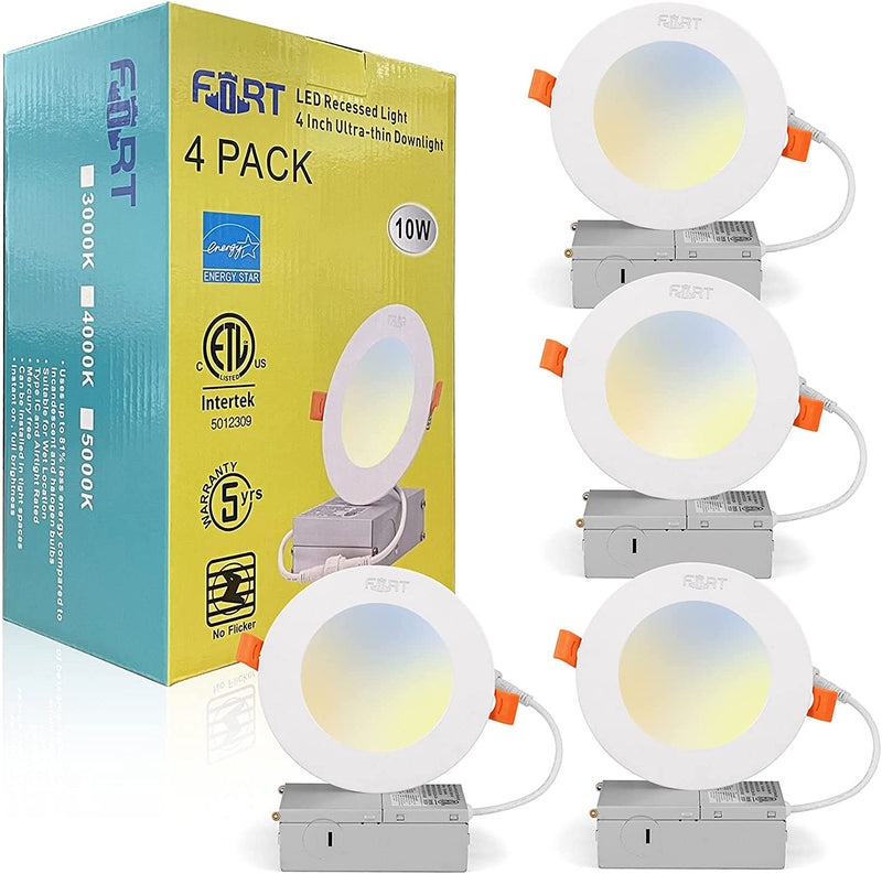 FORT 4 Pack 4 Inch Led Recessed Light 5000K Daylight with Junction Box, 10W Eqv 80W, 780LM Dimmable Ultra Thin LED Downlight, ETL, Energy Star