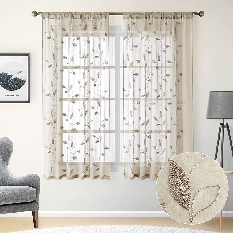 HOMEIDEAS White Sheer Curtains 52 X 63 Inches Length 2 Panels Embroidered Leaf Pattern Pocket Faux Linen Floral Semi Sheer Voile Window Curtains/Drapes for Bedroom Living Room