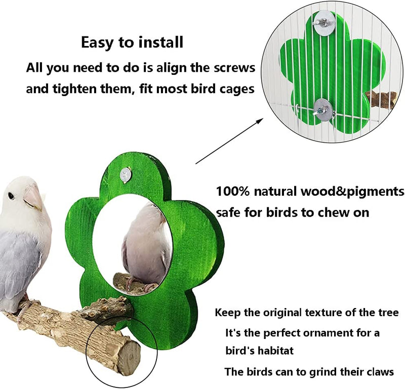 BIGCAKE Bird Mirror with Perch, Natural Parrot Stand Wooden Stick Toys for Small Parrot Canaries Parakeet Cockatiel Lovebird Conure Lorikeet Budgie Cockatoo Finch (Green) Animals & Pet Supplies > Pet Supplies > Bird Supplies > Bird Toys BIGCAKE   