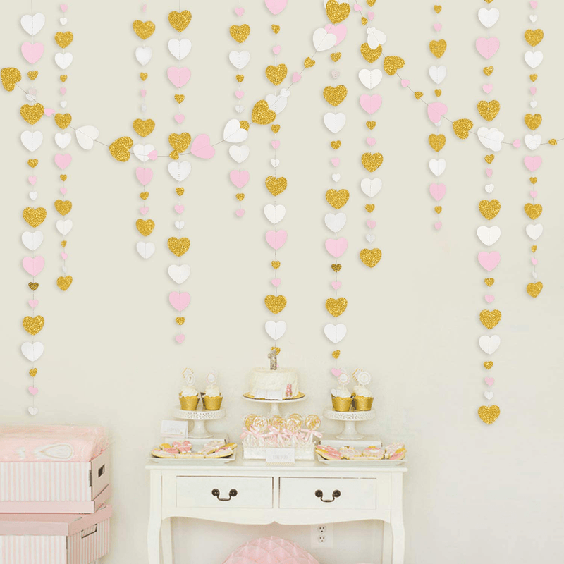 52 Ft Valentines Day Pink Gold and White Love Heart Garland Hanging Paper Streamer Banner for Anniversary Mother'S Day Bachelorette Engagement Wedding Bridal Baby Shower Birthday Party Decorations Arts & Entertainment > Party & Celebration > Party Supplies pinkblume   