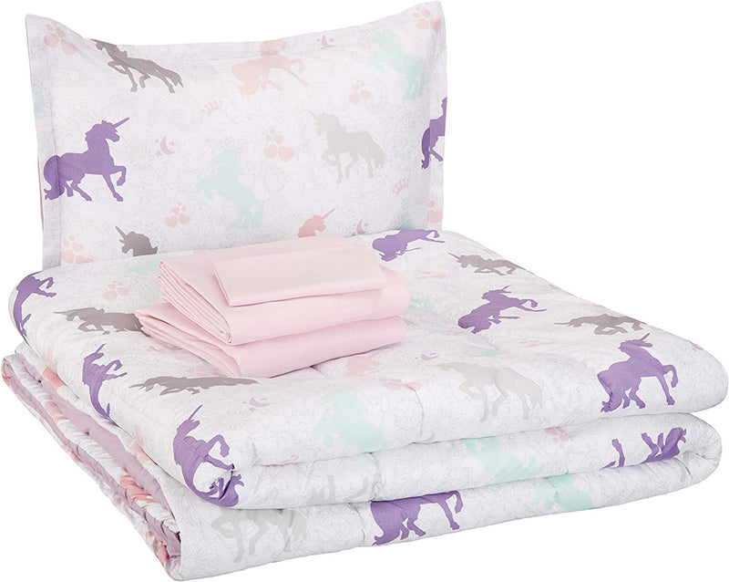 Kids Bed-In-A-Bag Microfiber Bedding Set, Easy Care, Twin, Purple Unicorns - Set of 5 Pieces