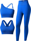 OQQ Women'S 3 Piece Outfits Ribbed Seamless Exercise Scoop Neck Sports Bra One Shoulder Tops High Waist Leggings Active Set Sporting Goods > Outdoor Recreation > Winter Sports & Activities OQQ Blue2 Small 