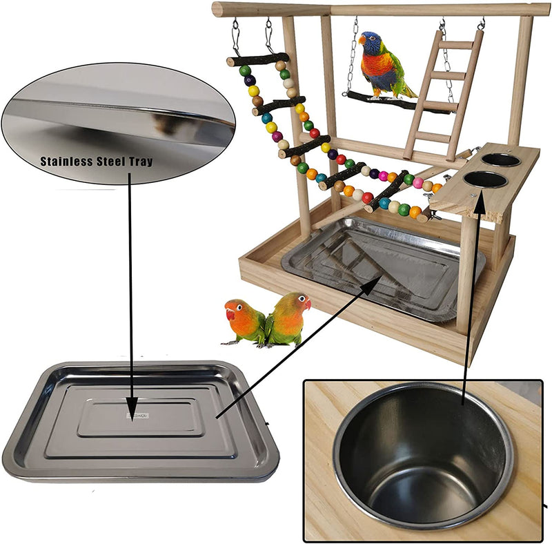 Hamiledyi Parrots Playground, Bird Play Gym Wood Perch Stand Colours Climb Ladders Swing Chewing Toys with Parakeet Feeding Cups Exercise Activity Center for Conure Cockatiel Lovebirds(Include a Tray)