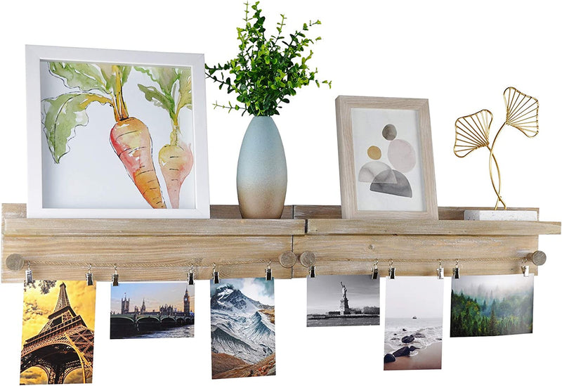 DUCIHBA Set of 2 Wall Mounted Picture Ledge Display Floating Shelves, Twine Cords with Metal Clips to Hanging Photos, Prints, Artwork for Nursery, Living, Bedroom, Rustic Torched Wood, Farmhouse Gray Furniture > Shelving > Wall Shelves & Ledges DUCIHBA   
